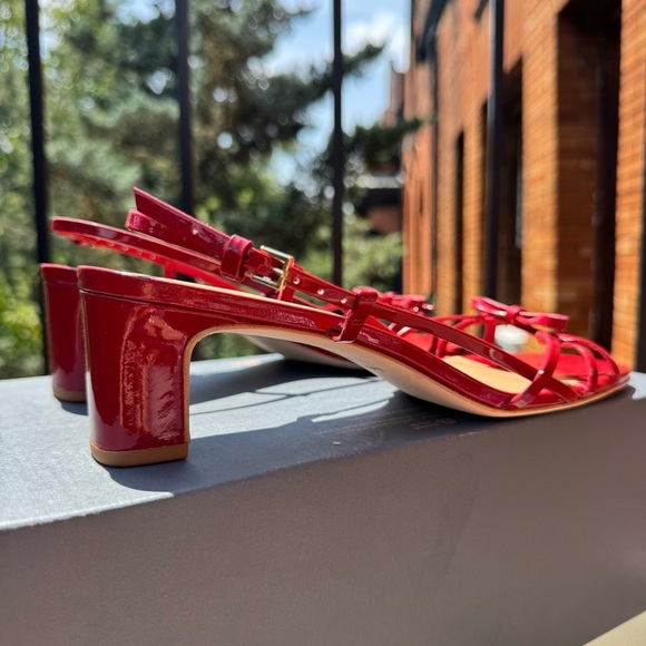 New Reformation Sally Bow Heeled Sandal Mule Shoes Red Scarlet Patent 9.5 - Picture 13 of 15